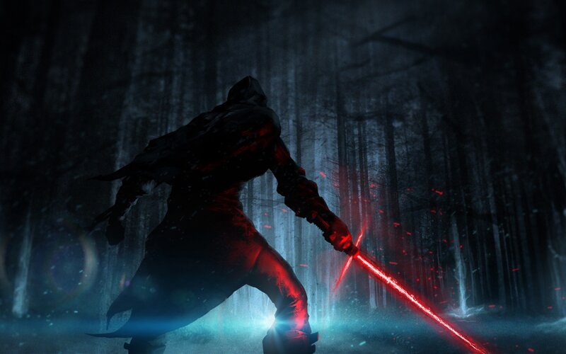 Hooded Figure with Lightsaber — Black, Dramatic, Night, Digital Art, Forest