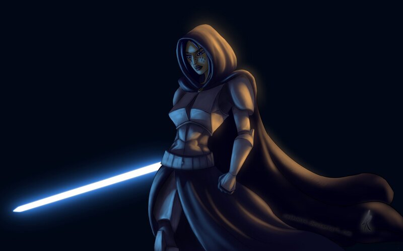 Hooded Figure with Lightsaber — Black, Dramatic, Night