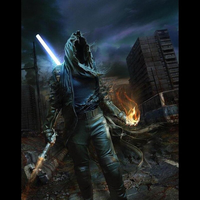 Hooded Figure with Lightsaber — Black