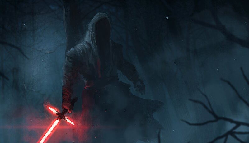 Hooded Figure with Lightsaber — Red, Dark, Dramatic
