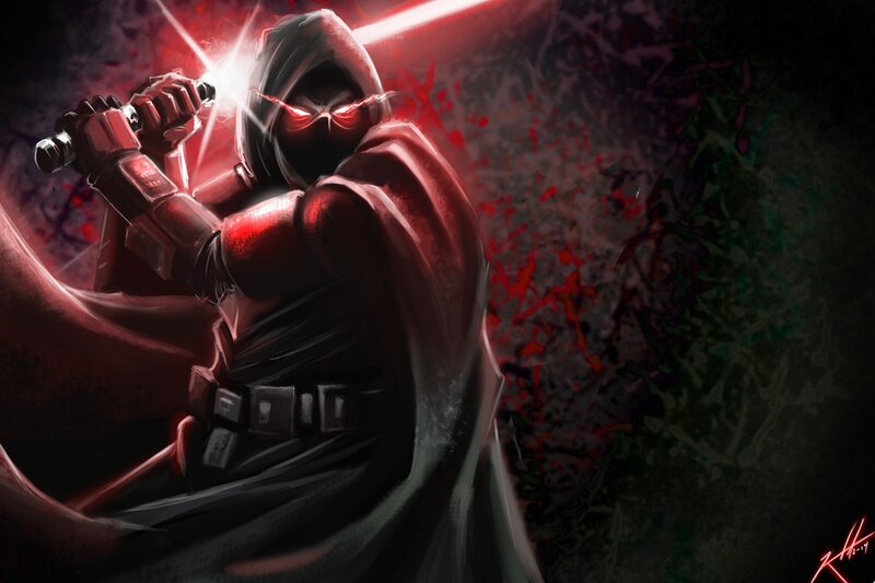 Hooded Figure with Lightsaber — Red, Dramatic, Digital Art, Cape
