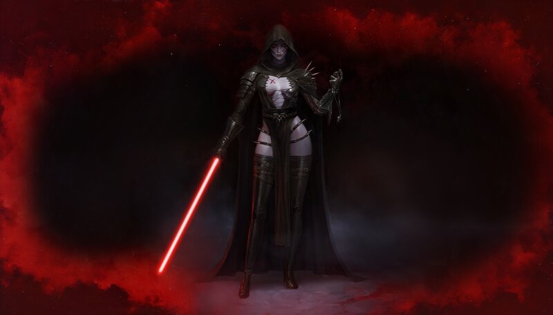 Hooded Figure with Lightsaber — Red, Dramatic, Night