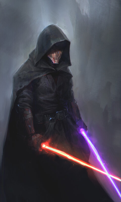 Hooded Figure with Lightsabers — Black, Dramatic, Digital Art