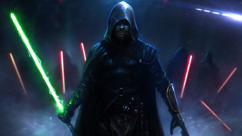 Hooded Figure with Lightsabers — Black, Dramatic, Intense