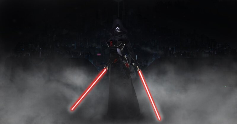 Hooded Figure with Lightsabers — Black, Dramatic, Night, Digital Art, Cityscape