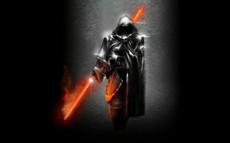 Hooded Figure with Lightsabers — Black, Dramatic, Night, Digital Art, Cloak