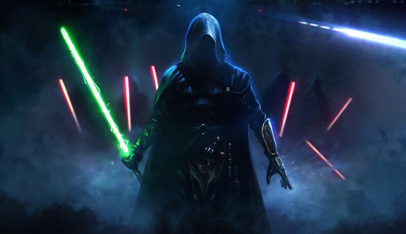 Hooded Figure with Lightsabers — Black, Dramatic, Night, Digital Art, Dark Cloak, Smoke