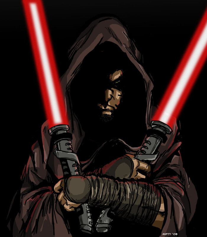 Hooded Figure with Lightsabers — Black, Dramatic, Night, Digital Art, Hooded Cloak, Beard