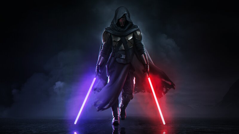 Hooded Figure with Lightsabers — Black, Dramatic, Night, Digital Art, Smoke