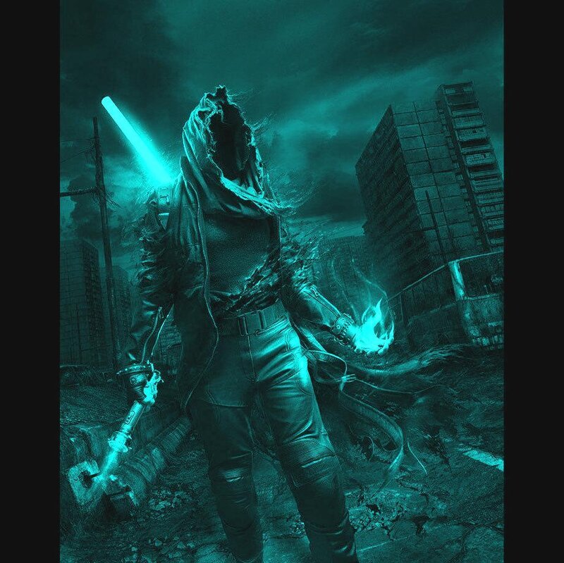 Hooded Figure with Lightsabers — Teal