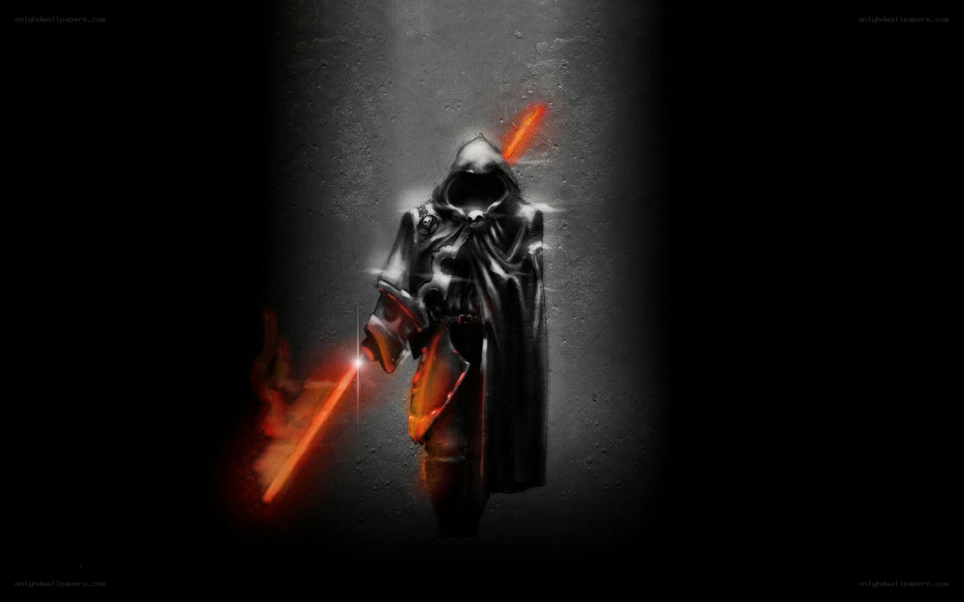 hooded figure with lightsabers