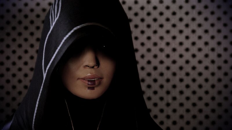 hooded figure with lip piercing