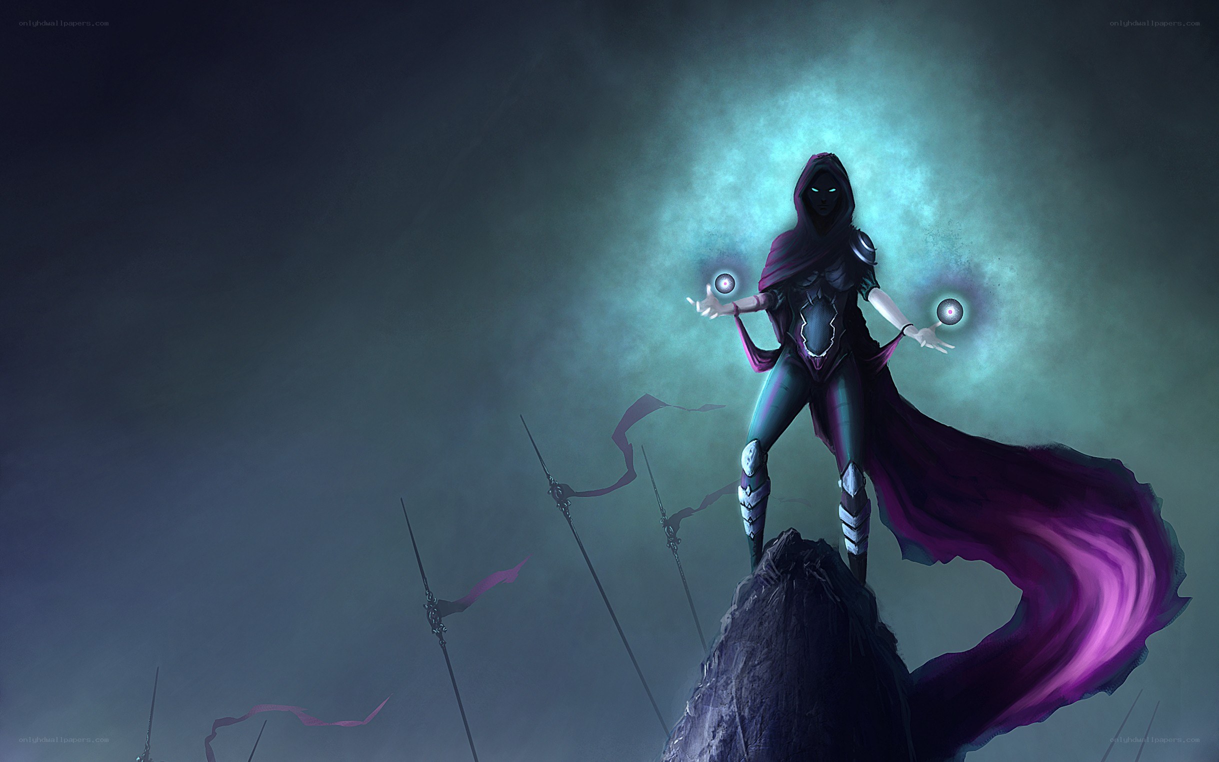 hooded figure with magic orbs