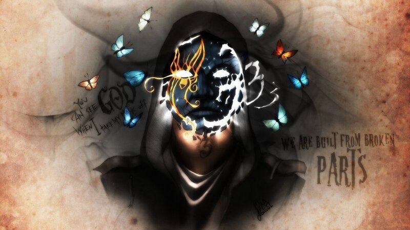 Hooded Figure with Mask — Black, Dramatic, Digital Art, Butterflies