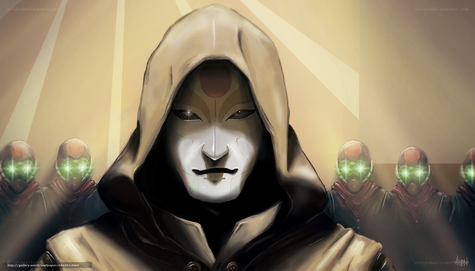 hooded figure with masked followers