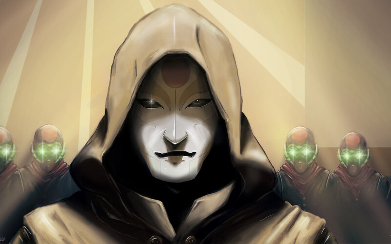 hooded figure with masked followers