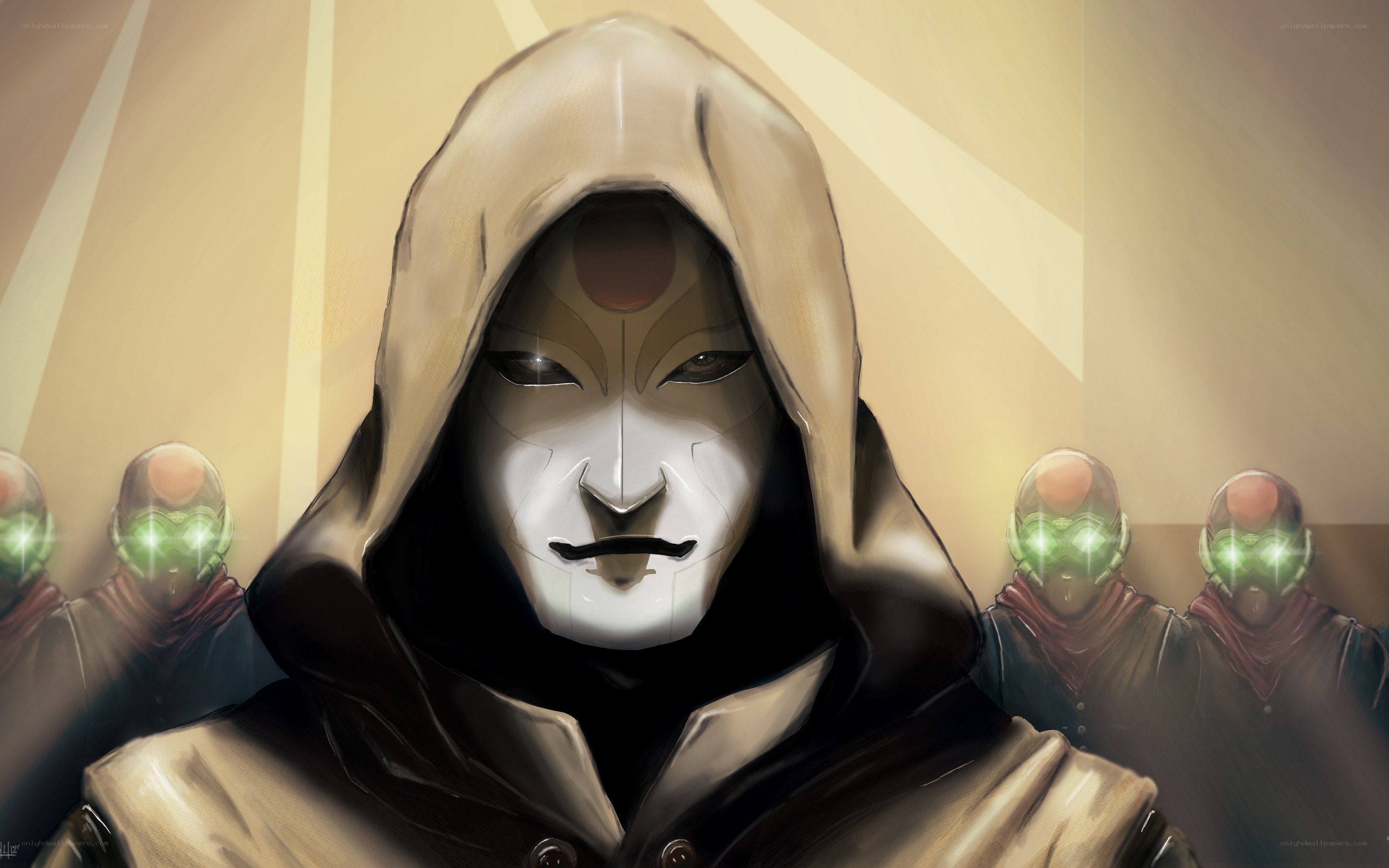 hooded figure with masked followers