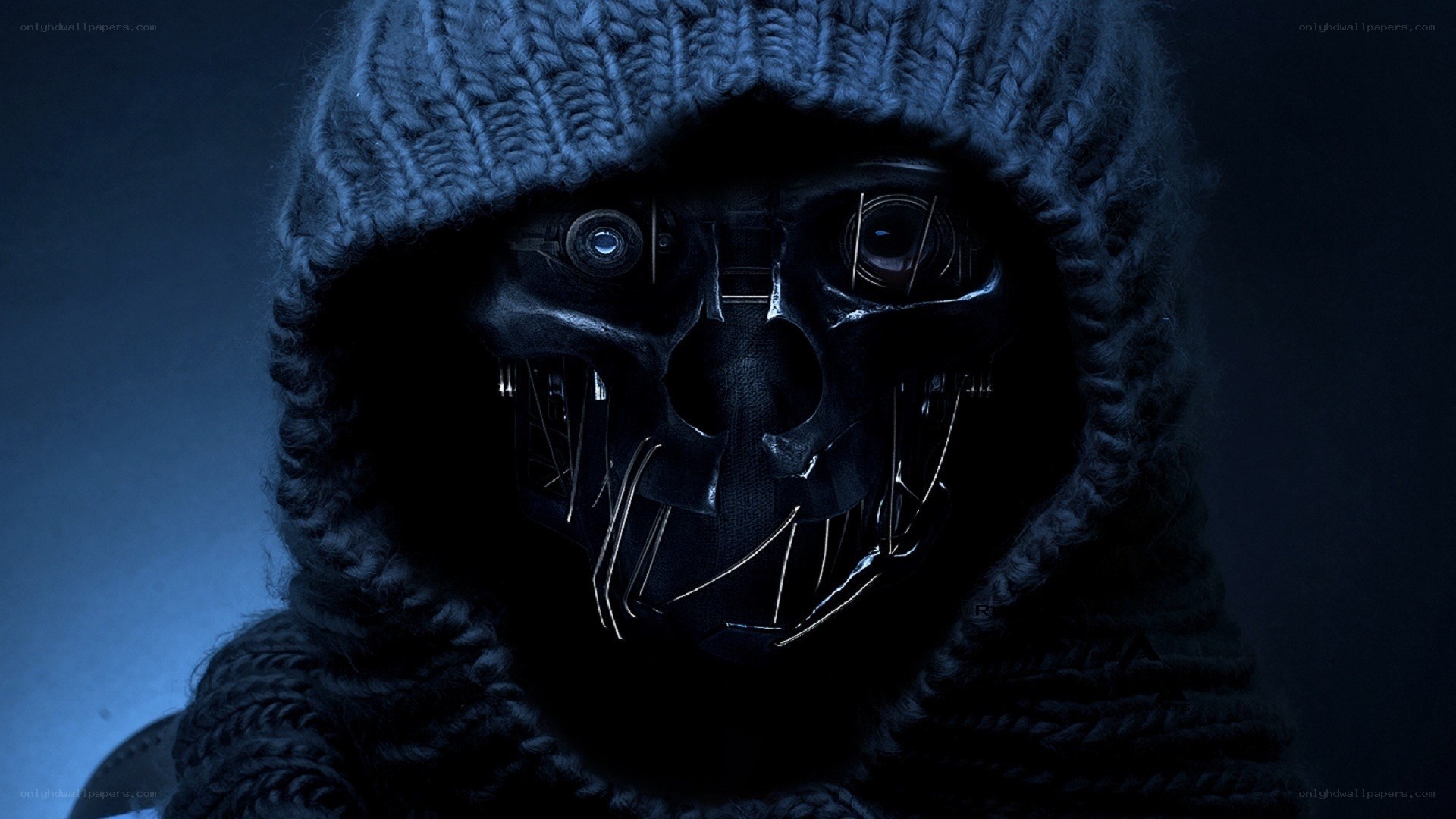 hooded figure with mechanical mask