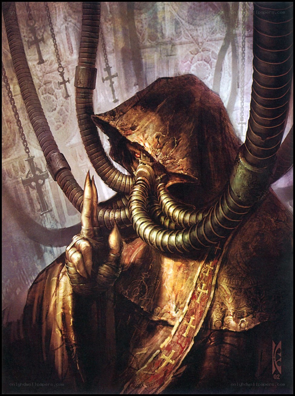 hooded figure with mechanical tentacles