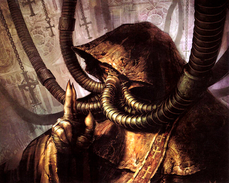 hooded figure with mechanical tubes