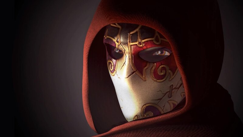 hooded figure with ornate mask
