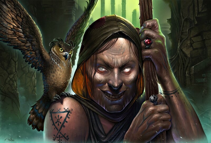 Hooded Figure with Owl — Green, Dramatic