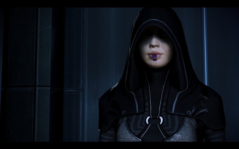 Hooded Figure with Purple Lip Mark