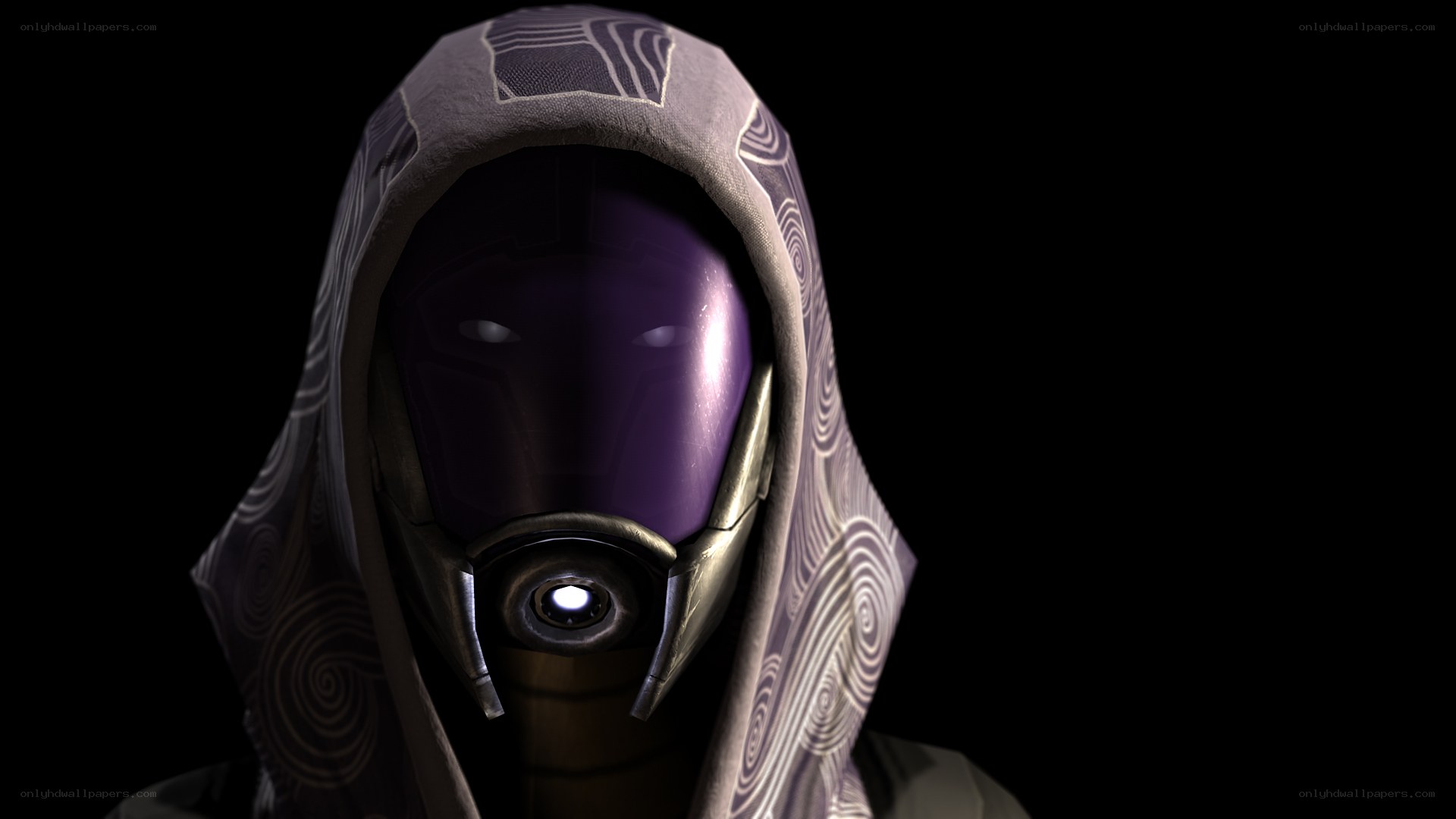 hooded figure with purple mask