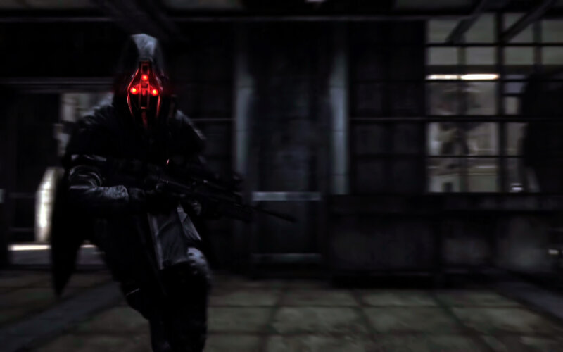 hooded figure with red eyes