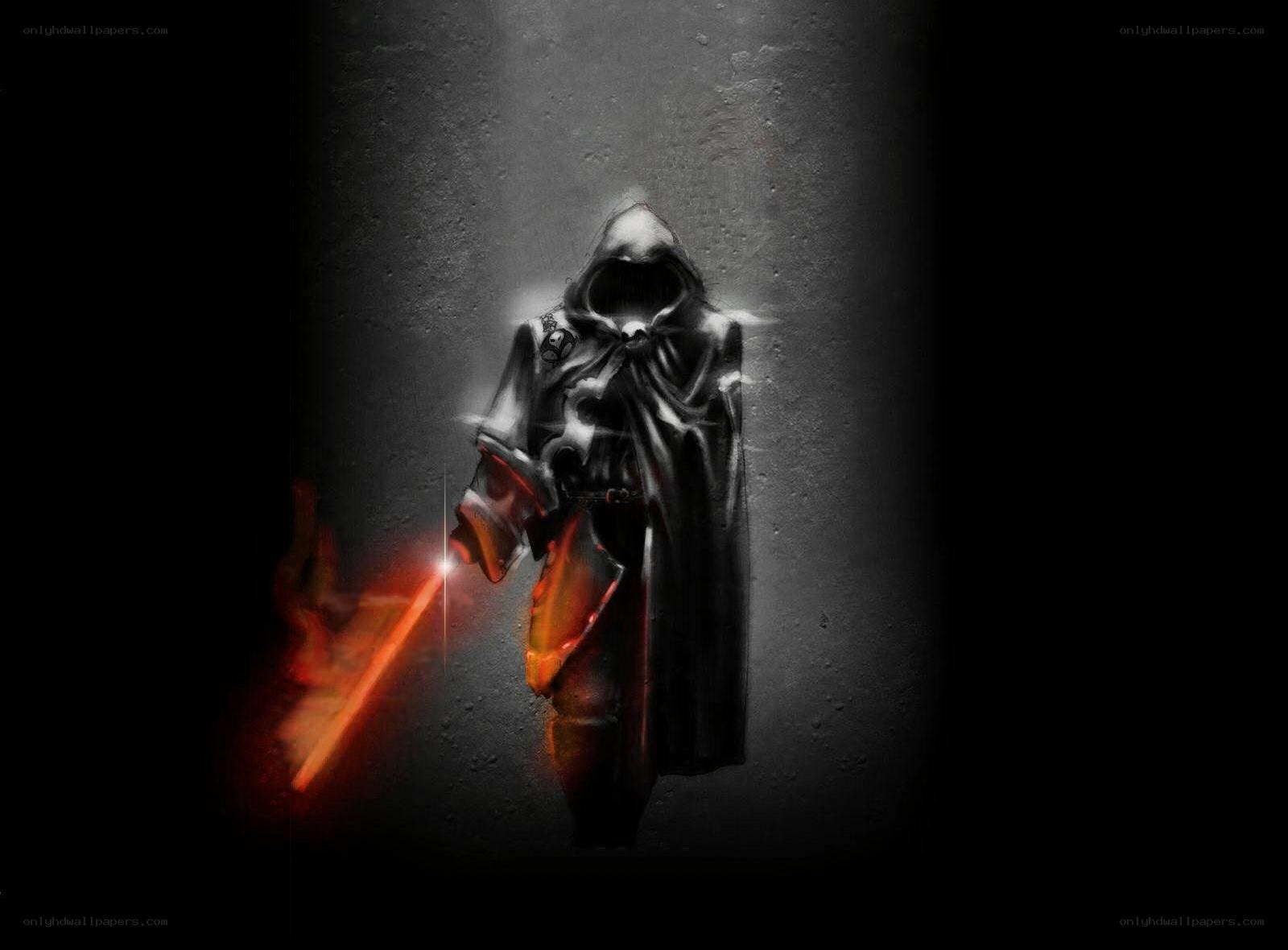 hooded figure with red lightsaber
