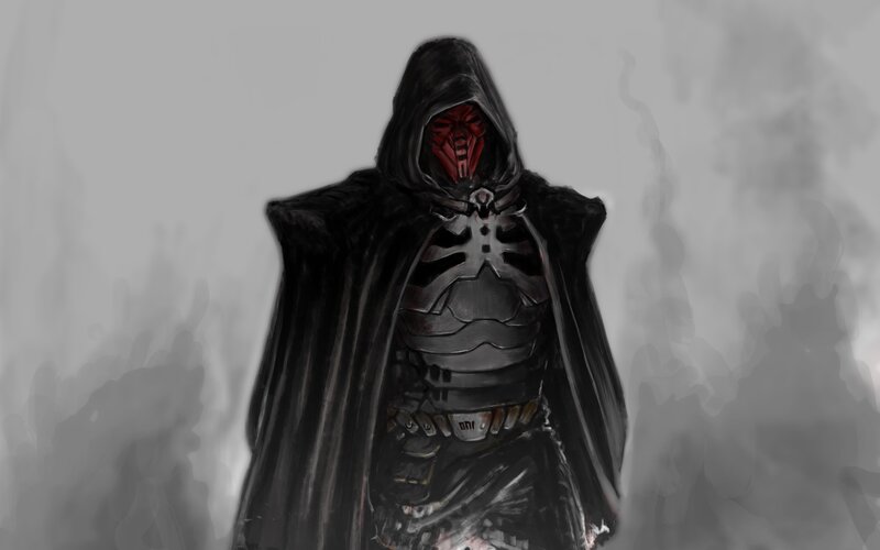 Hooded Figure with Red Mask