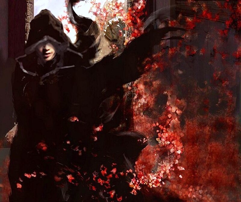 Hooded Figure with Red Petals