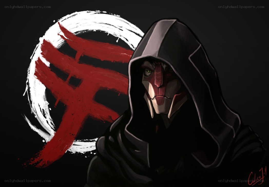 hooded figure with red symbol
