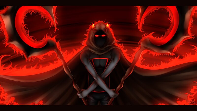 Hooded Figure with Red Tentacles