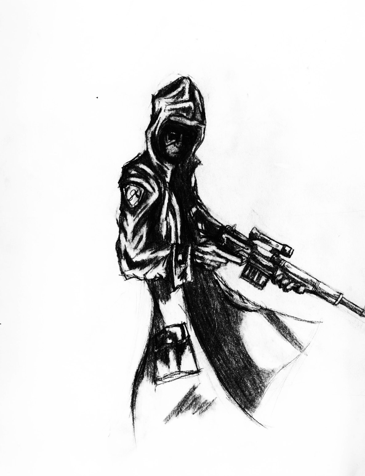 hooded figure with rifle