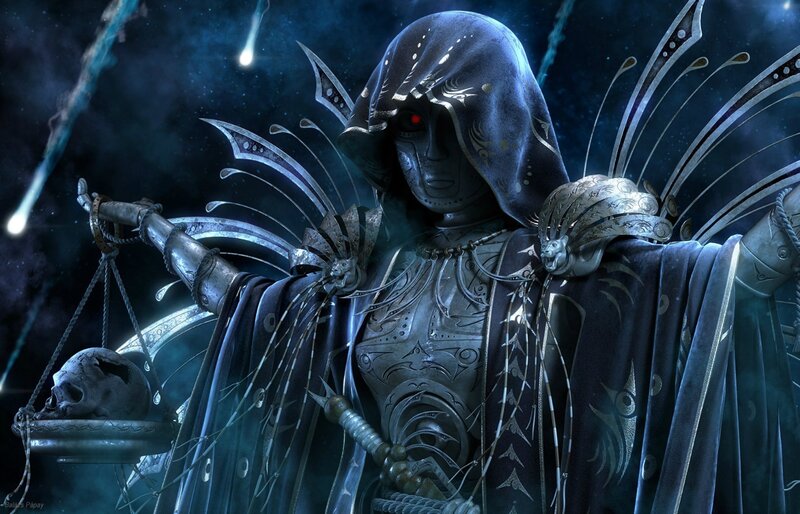 Hooded Figure with Scales — Blue, Dramatic