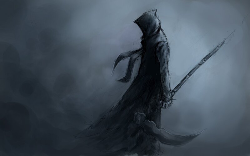 Hooded Figure with Scythe — Gray, Dramatic