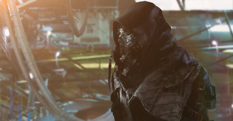 Hooded Figure with Skull Mask — Black, Dramatic, Sunset