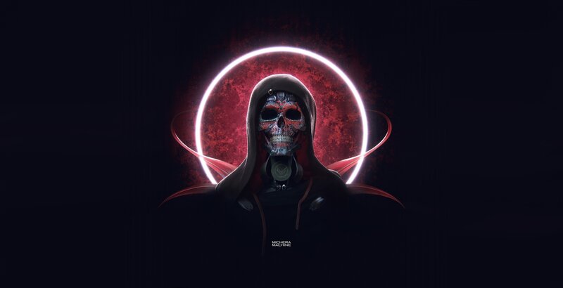 Hooded Figure with Skull Mask — Black, Dramatic