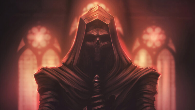 Hooded Figure with Skull Mask — Red, Dramatic