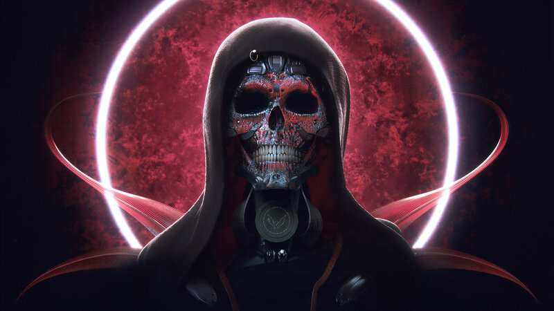 Hooded Figure with Skull Mask — Red