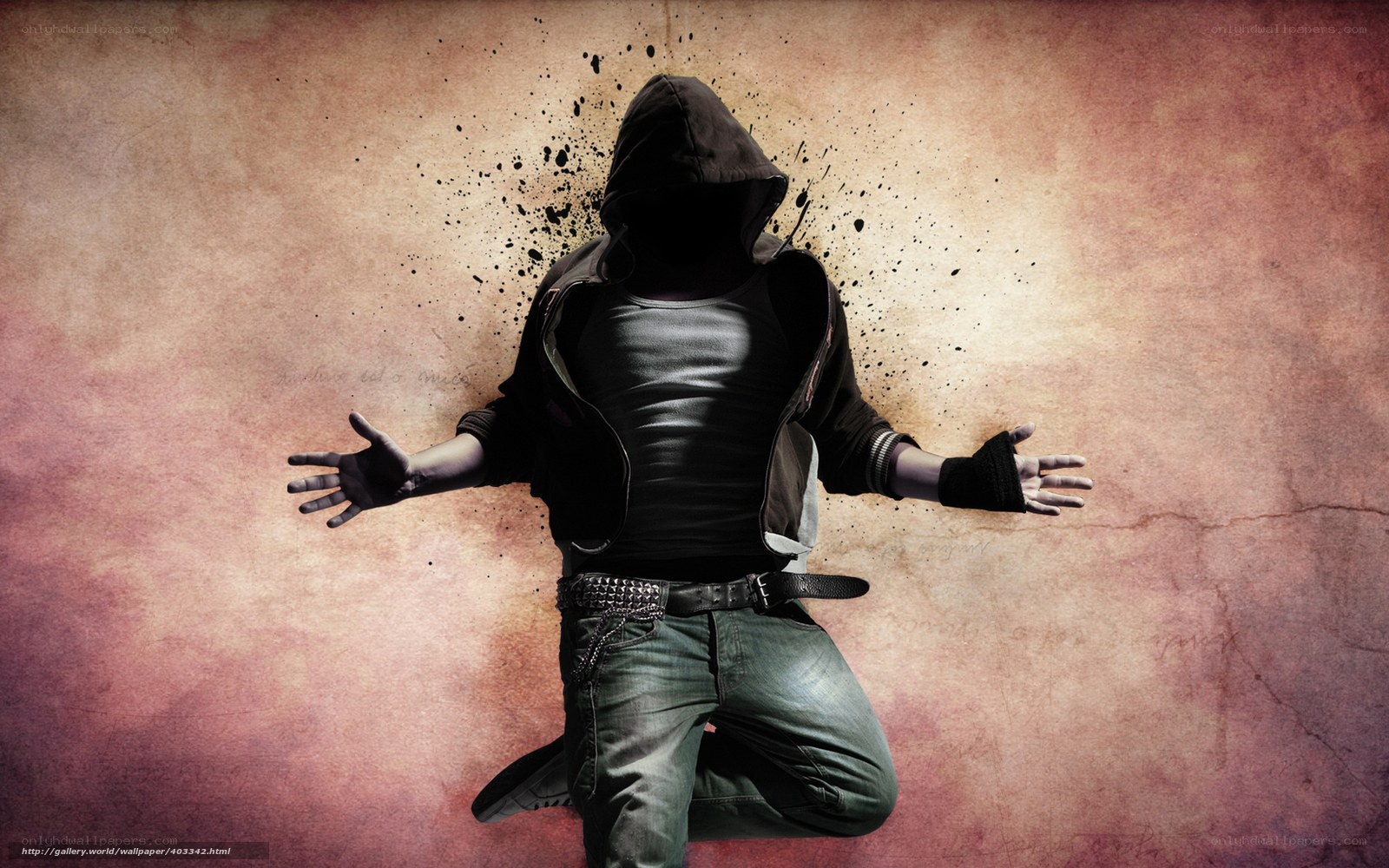 hooded figure with splattered background