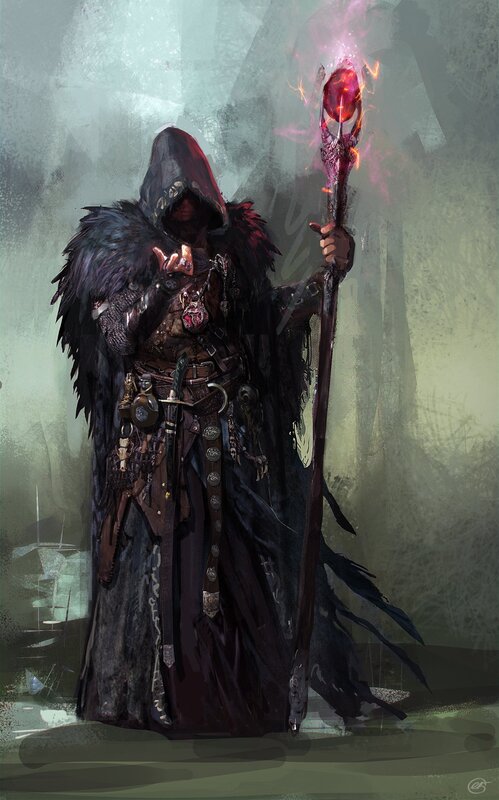 Hooded Figure with Staff — Black, Dramatic, Digital Art, Cloak, Scepter