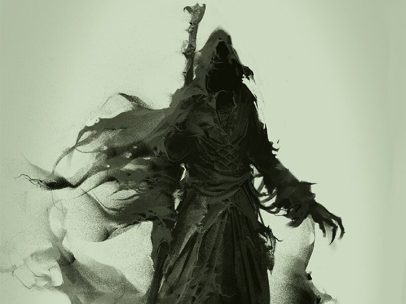 Hooded Figure with Staff — Black, Dramatic, Digital Art, Cloak
