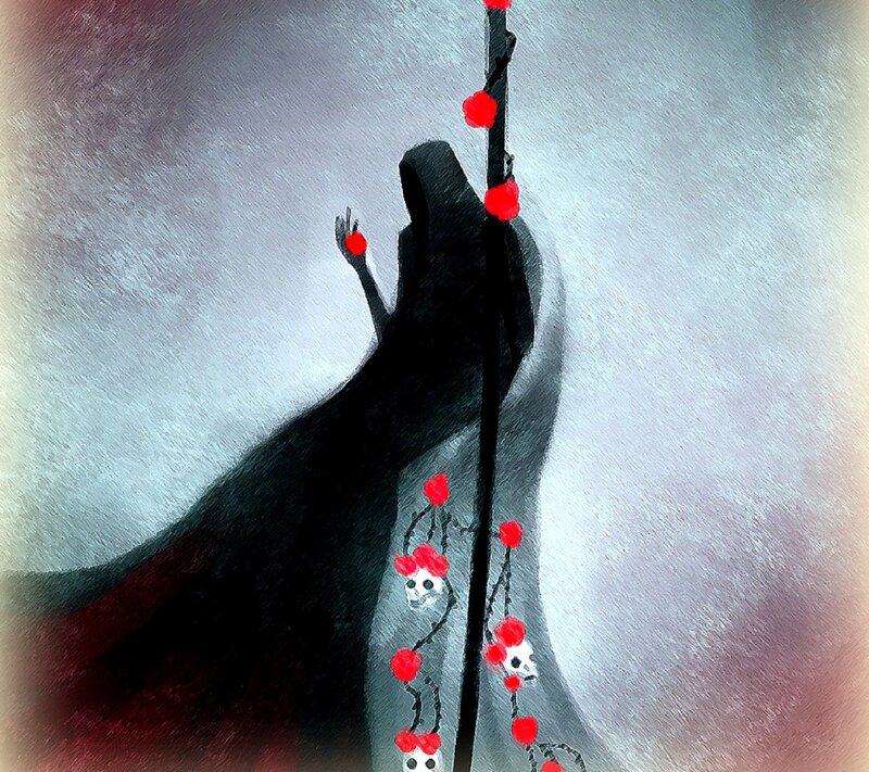 Hooded Figure with Staff — Black, Dramatic, Digital Art