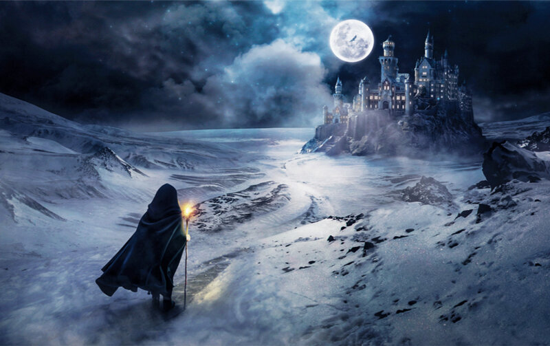 Hooded Figure with Staff — Blue, Dramatic