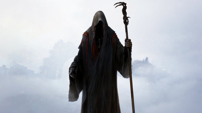 Hooded Figure with Staff — Gray, Dramatic, Winter