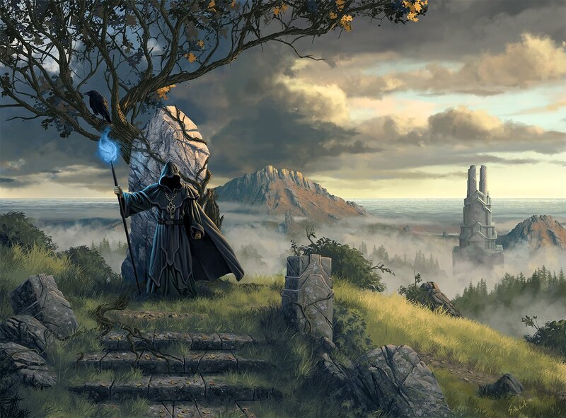 Hooded Figure with Staff — Green, Dramatic