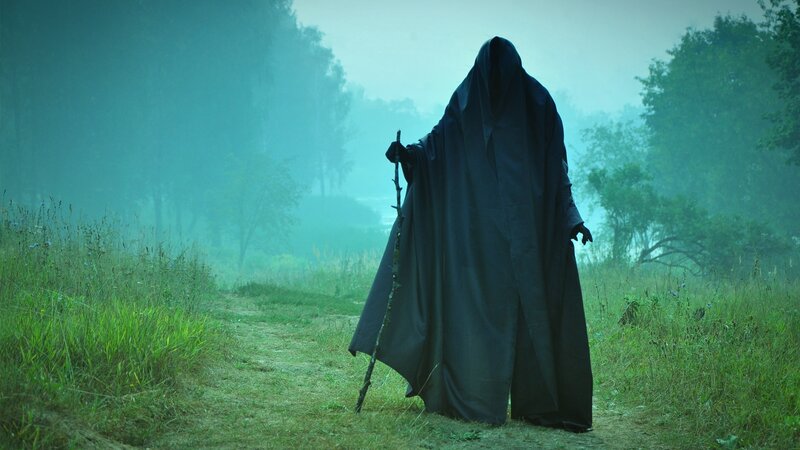 Hooded Figure with Staff — Green, Mysterious