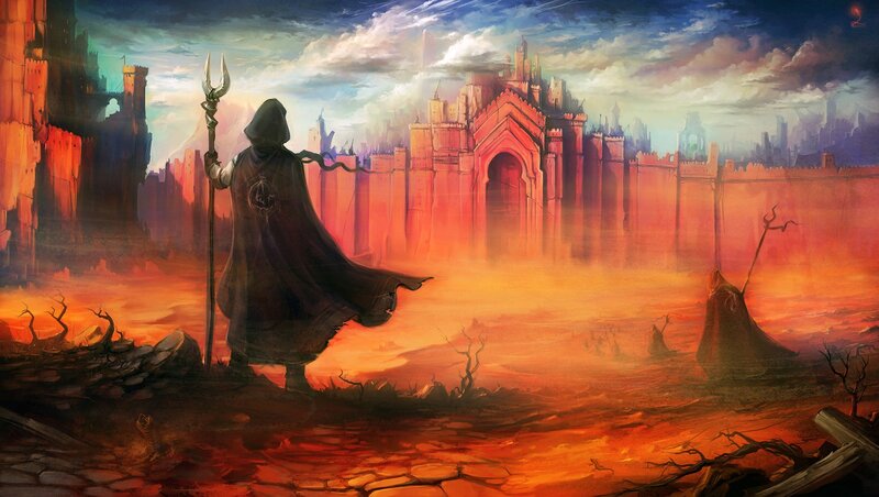Hooded Figure with Staff — Orange, Dramatic